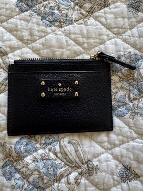 Kate Spade Navy Leather Zip Card Case with Gold Accents
